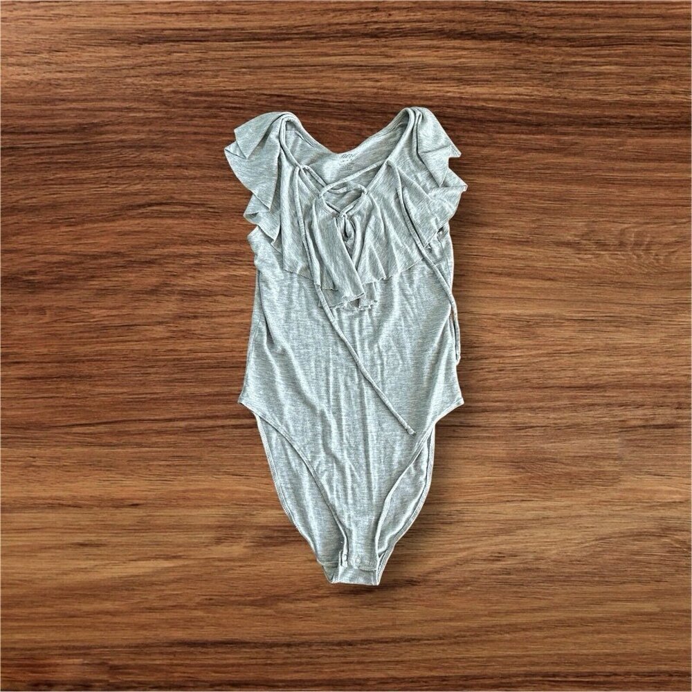 Aerie Womens Soft Stretch Size M Heathered Gray Flutter Sleeve Bodysuit Ruffles